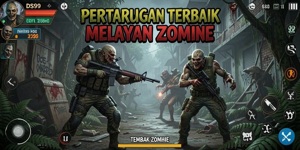 Antarmuka permainan DS99 yang menampilkan aksi seru melawan zombie.